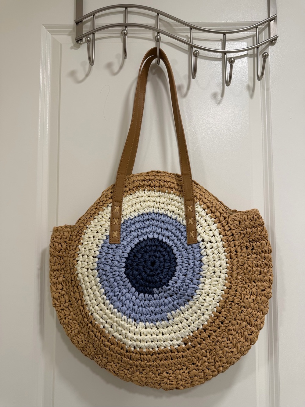 Round Straw Tote Bag with Blue Eye Design - Natural/Tan